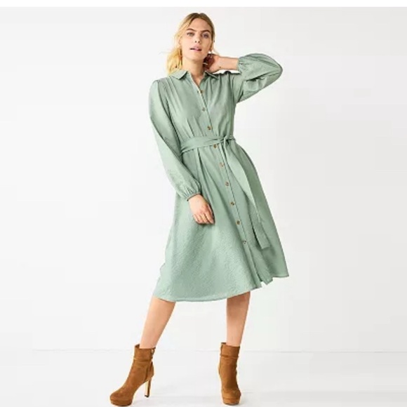 Nine West Green Bishop Sleeve mid Sundress - Picture 1 of 9